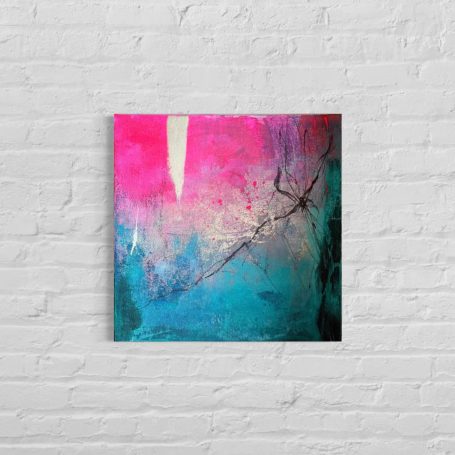 Abstrakte Kunst in Pink- und Blautönen mit vertikalen und horizontalen Strukturen.