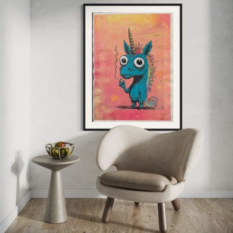 Bunter, lustiger Einhorn-Charakter mit großen Augen und einem pinken Hintergrund.