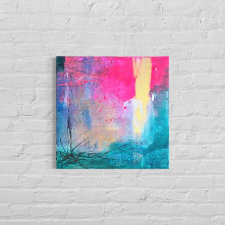 Ein abstraktes Kunstwerk mit leuchtenden Pink- und Blautönen sowie gelben Akzenten.